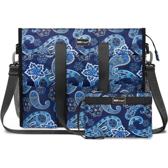 Utility Water Resistant Tote Bag with 22 Pockets Size L Blue Bandanna